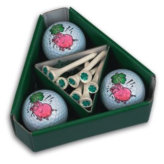 Geschenkbox mit 3 Motivgolfbällen Glücksschwein und Glückstees