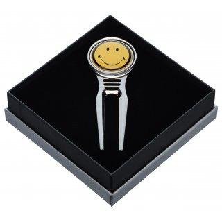 Edle Pitchgabel aus Messing mit Motivballmarker  SMILEY  - ein schnes Golfgeschenk in der Geschenkbox