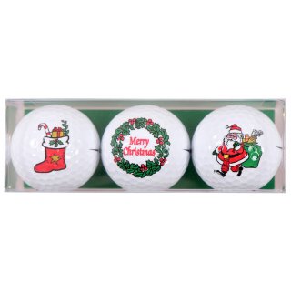 3 Golfbälle mit Weihnachtsmotiven Glocken, Merry Xmas, Tannenbaum