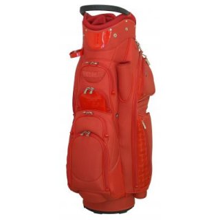 Rotes Golf-Cartbag mit zahlreichen Taschen